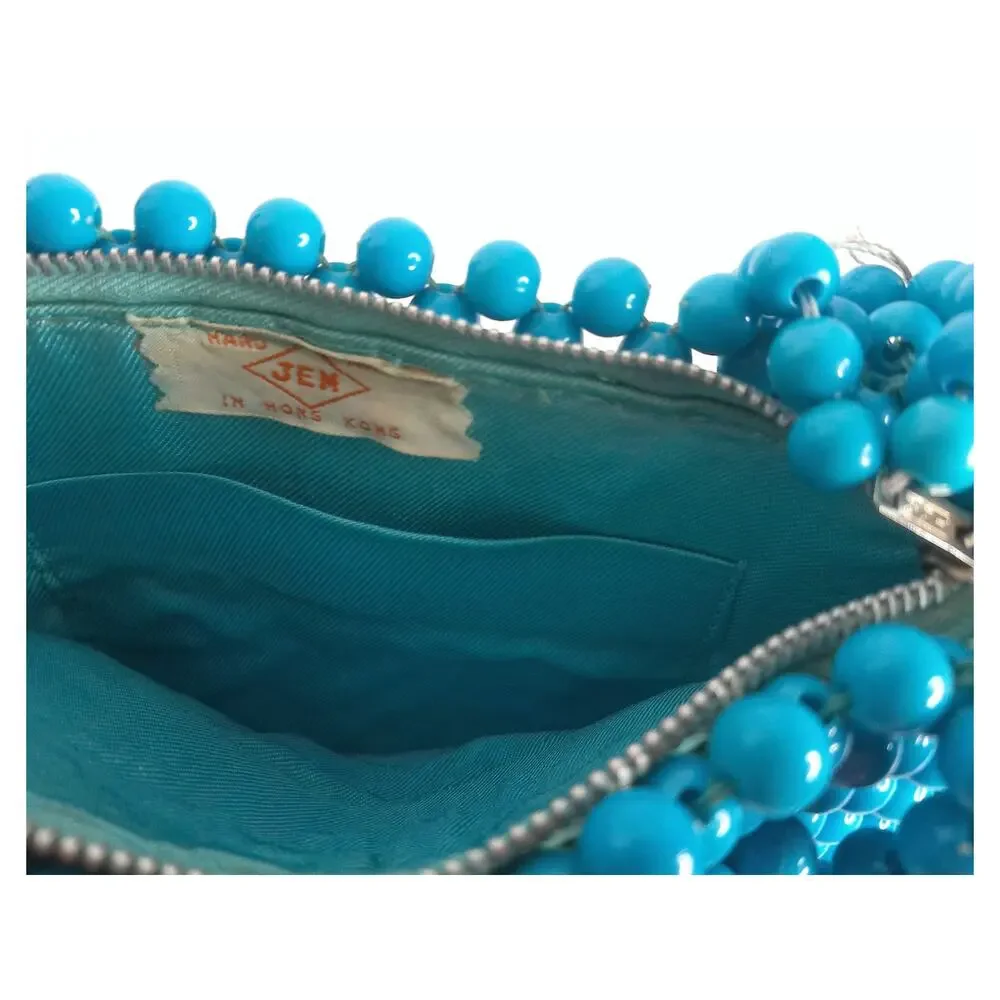 Vintage JEM Hong Kong Beaded Handbag Blue Bubble Bead Top Handle 60s 70s Purse